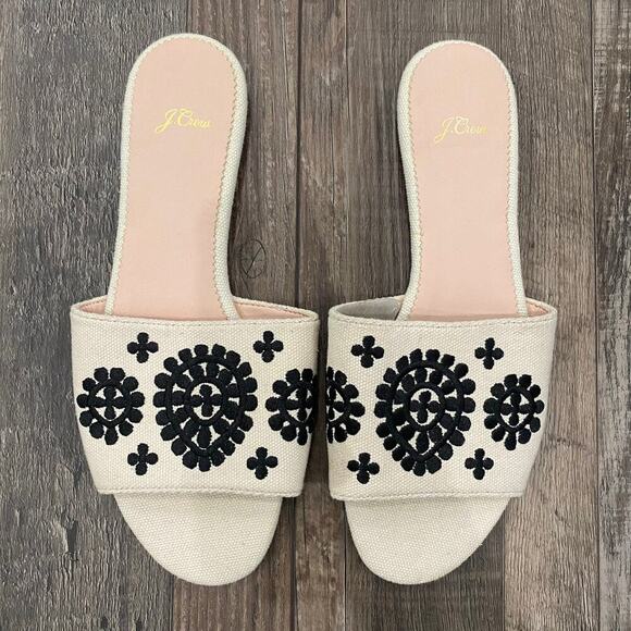 NWT J. Crew Cream & Black Floral Embroidered Slide Sandals Size 8 Summer Linen - Picture 2 of 7
